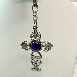 Silver Tone Filigree Cross Pendant with Purple Acrylic Stone